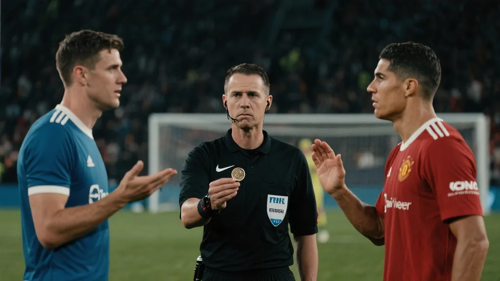 点球大战前的裁判掷硬币与队长沟通场景